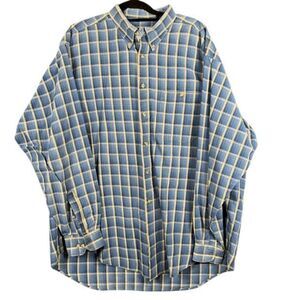 IZOD Button Front Men's Shirt Cotton Blue Gold Yellow Plaid Size XL